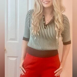 Zara Brown and White Striped V-Neck Sweater